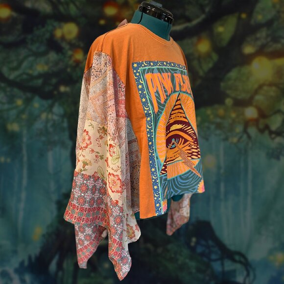 Upcycled Pink Floyd Patchwork Kimono Sleeve Poncho Top - One size - Picture 3 of 5